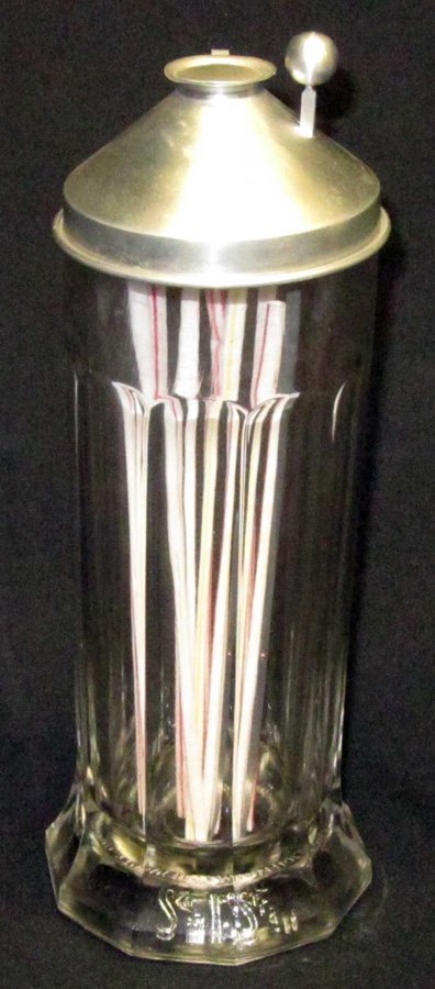 SANI-STRAW GLASS STRAW HOLDERS (2): (1) metal lid and straw-hooking rod and hinged porthole; bottom impressed "Sani-Straw" also "The No Touch Straw Holder Co. Lancaster PA", VG-EX; (1) clear glass, bottom has embossed lettering but miss