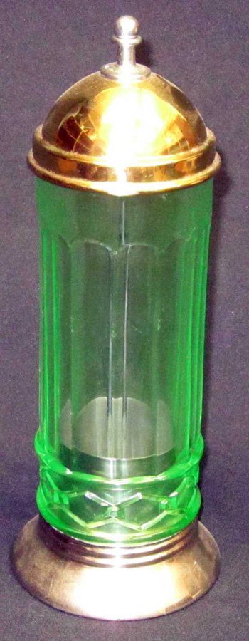 DEPRESSION GLASS STRAW HOLDER: Green glass straw holder, with arched vertical panels over sectagonal diamond raised band, polised brass top lifter; metal base cracked; L-13", G-VG