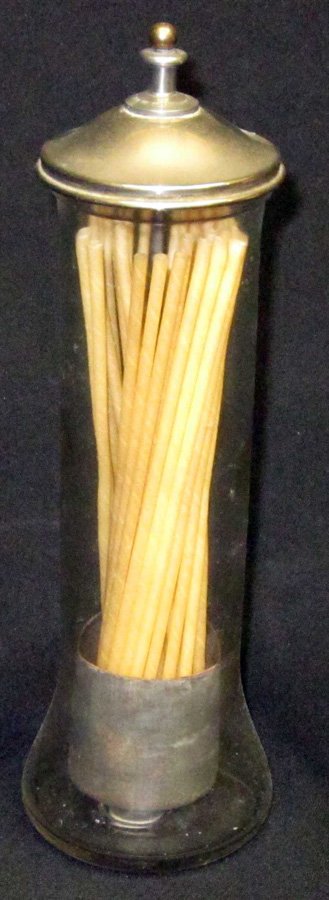 GLASS STRAW HOLDER: Clear glass with lifter; patented 1912; flared bottom; H-12", VG-EX