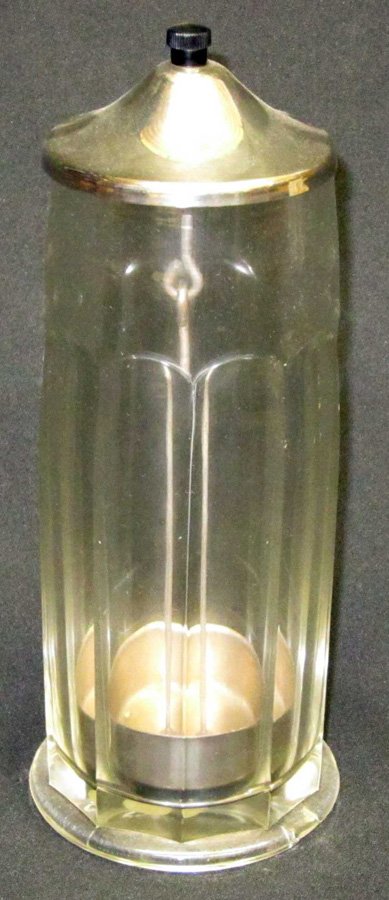 GLASS STRAW HOLDER: Arched vertical panels; slotted base; metal top with hinged lifter; H-11", VG-EX