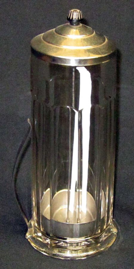 BENEDICT CLEAR GLASS STRAW HOLDER: Raised vertical panels, metal lid and lifter; metal menu holder; H-11 1/2", VG-EX