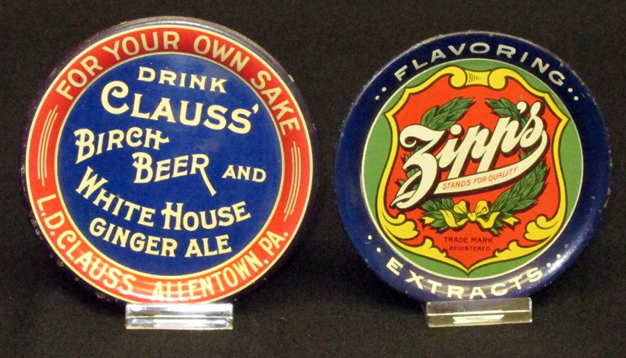 SODA FOUNTAIN ADVERTISING TIP TRAYS (2): Litho tin; (1) Claus: "Drink Claus Birch Beer and White House Gingerale", Allentown PA; (1) Zipps Flavoring Extracts: "Stands for Quality"; rim chips and minor wear; Dia.-4 3/4", G-VG