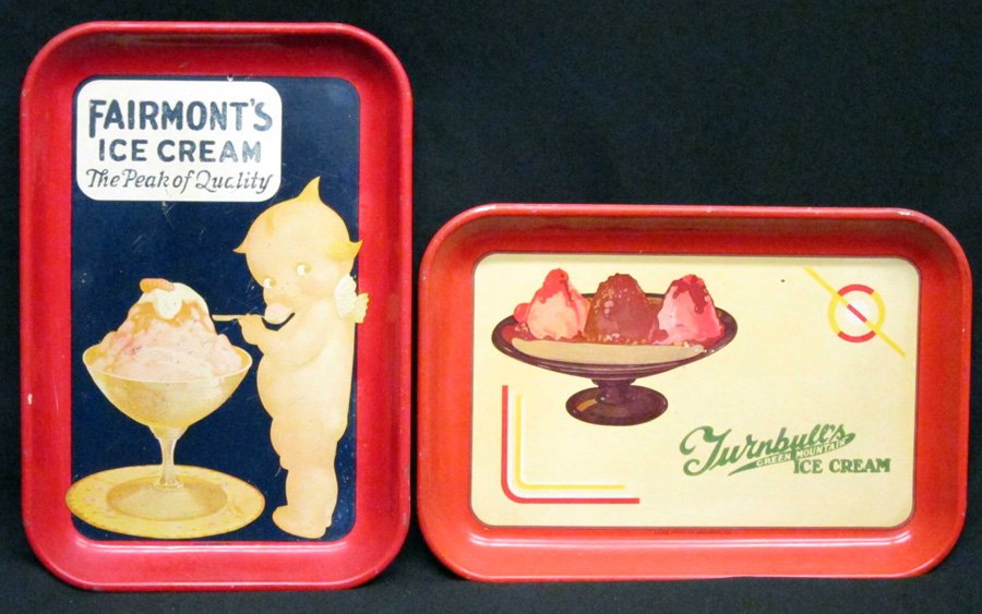 ICE CREAM TRAYS (2): Litho tin; (1) Fairmonts Ice Cream: "Peak of Quality" Kewpie image; Parker - Brawner; scratches and fading; (1) Turnbulls Green Mountain Ice Cream: Parker-Brawner; minor fading; minor edge chips; L-15