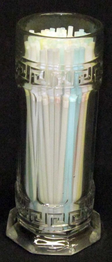 HEISEY GLASS STRAW HOLDER: Greek key pattern; no lid; H-10", VG-EX