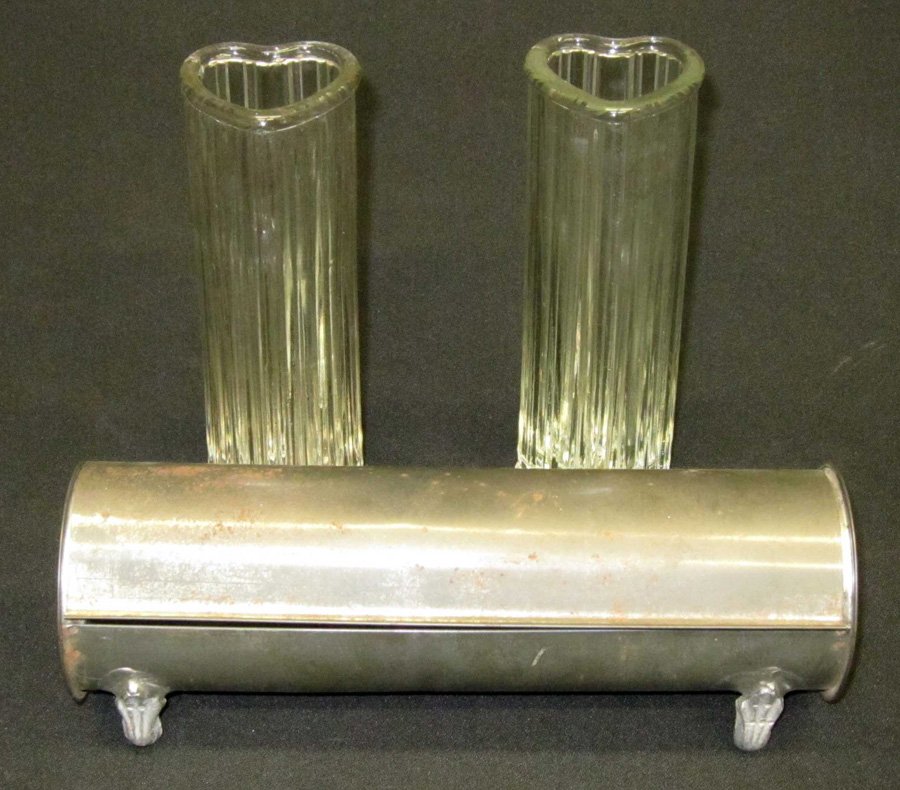 STRAW HOLDERS (3): (2) Glass heart-shaped, (1) tin counter-top with hinged lid, footed; L-7"-10", G-VG