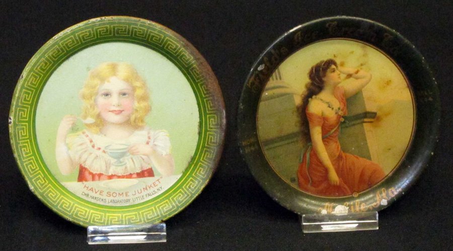 ICE CREAM TRAYS (2): Litho tin; (1) Fields Ice Cream Co.: Mobile, Alabama; rim chips, stains, blemishes; (1) "Have Some Junket" - Little Falls, NY; edge rust, chips, interior spots; Dia.-4 1/4", F