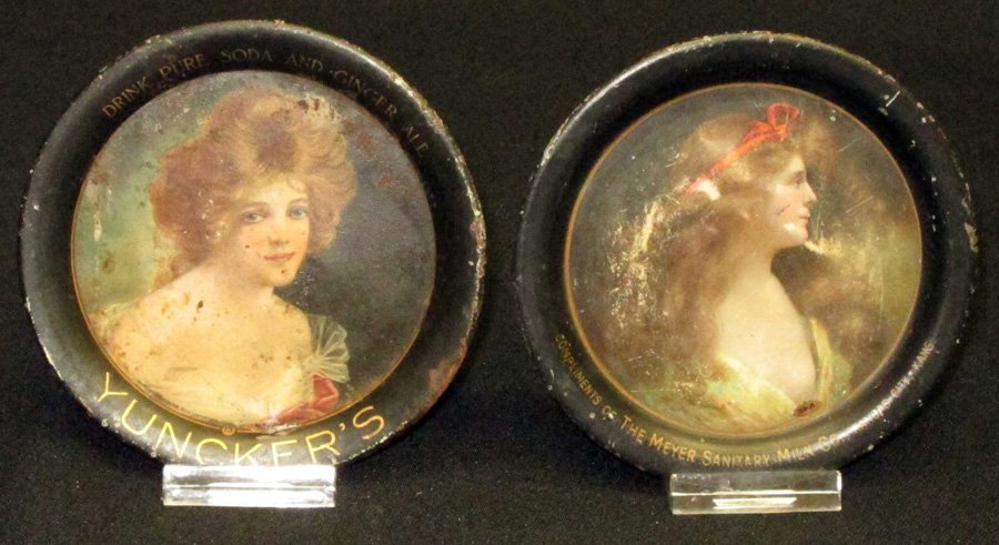 TIP TRAYS (2): Litho tin; (1) Meyer Sanitary Milk Co.: Kansas, scratches, wear, faded; (1) Yunckers Pure Soda & Ginger Ale: scratches, fading, rust; Dia.-4 1/4", P