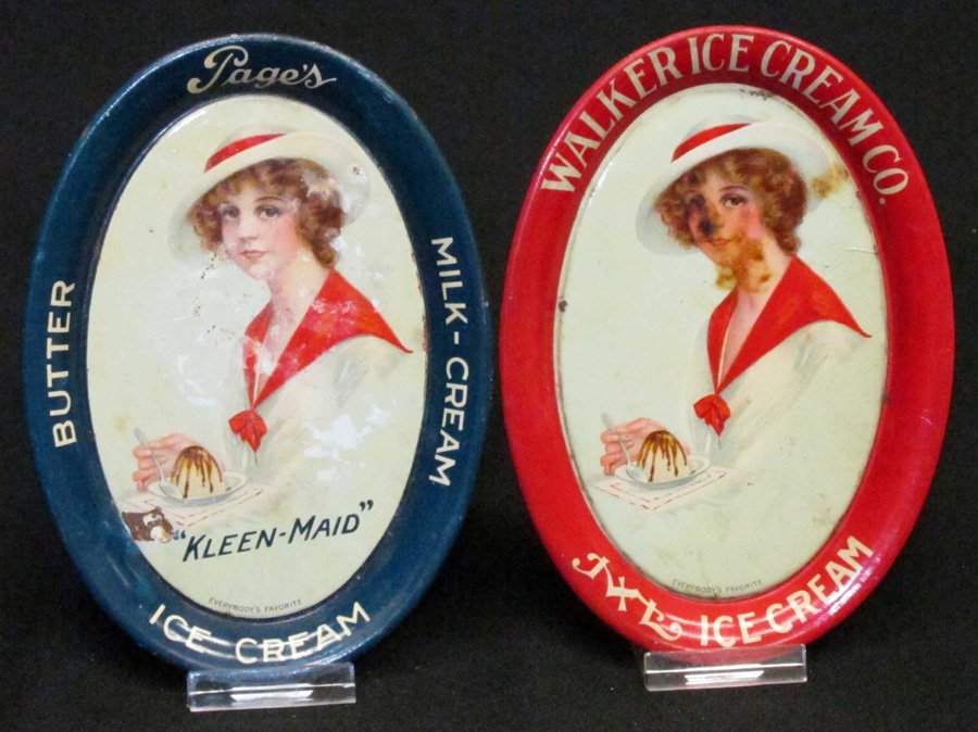 WALKER & PAGES ICE CREAM TIP TRAYS (2): Litho tin; (1) Pages Keen-Maid: numerous interior blemishes in image; (1) Walker IXL: blemishes, mostly on face, some crazing, H-6", F-G