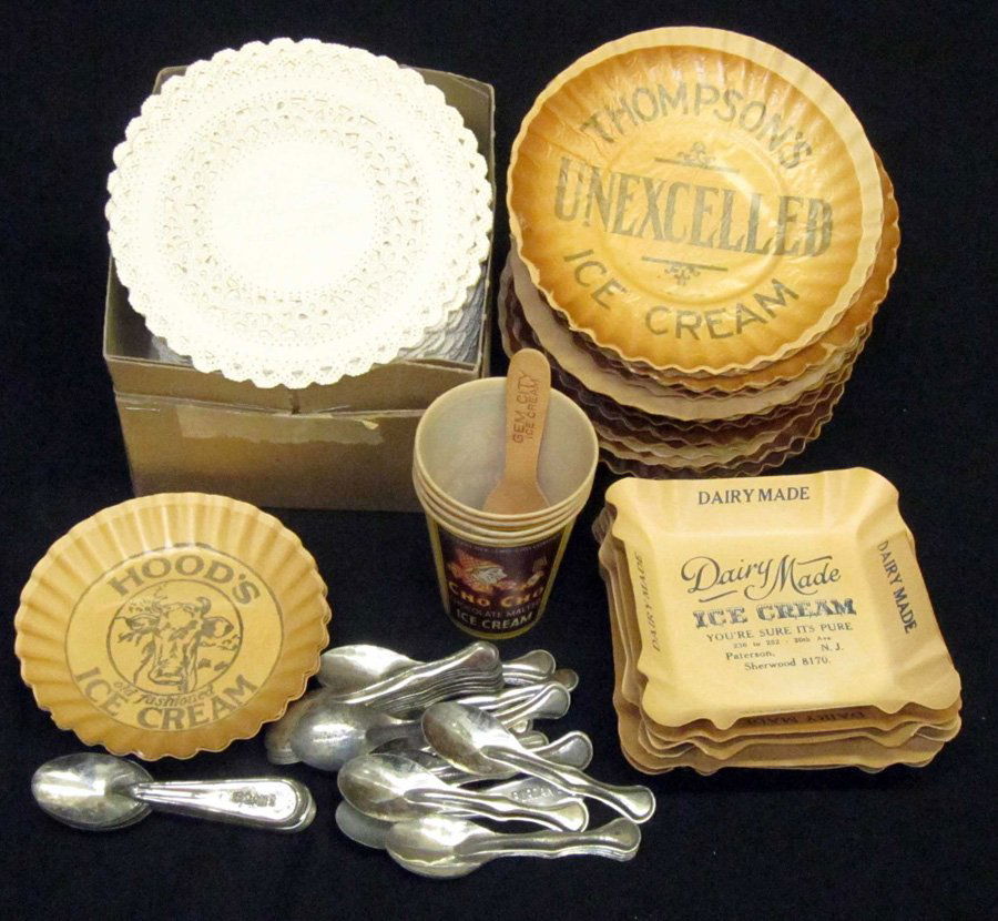 ICE CREAM PAPER, TRAYS, ETC.: Numerous ice creams advertised; square and round plates; doilies, cups, etc. - (45) trays and a box of "Myer's" paper doilies; (4) Cho Cho cups, together with (30+/-) tin spoons; Dia.-4"-6", G-VG