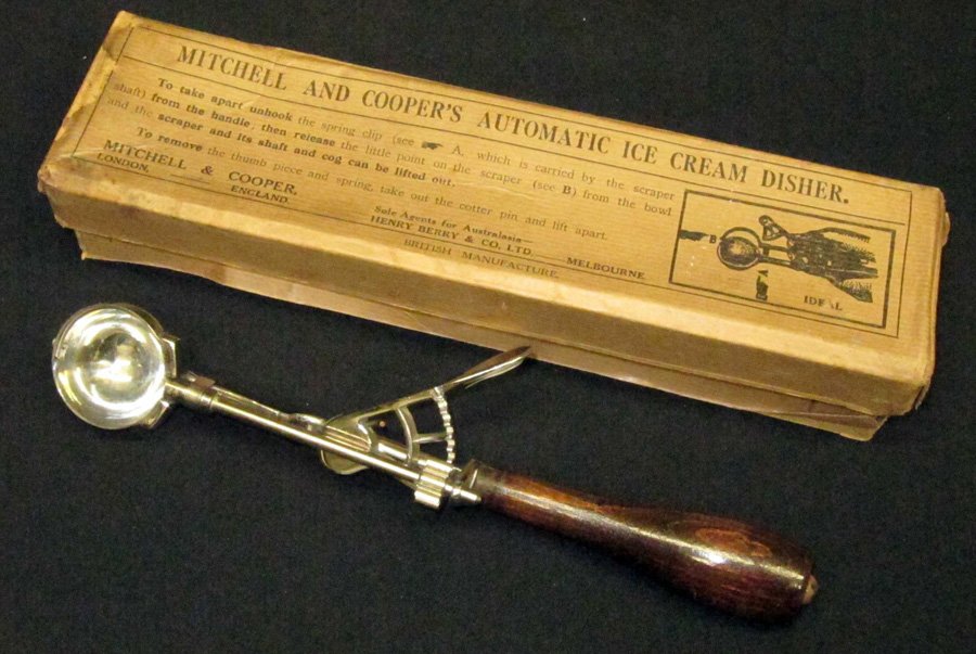 AUTOMATIC ICE CREAM DISHER: Mitchell & Cooper London England [40]; original box worn; polished finish; L-10", EX-NM