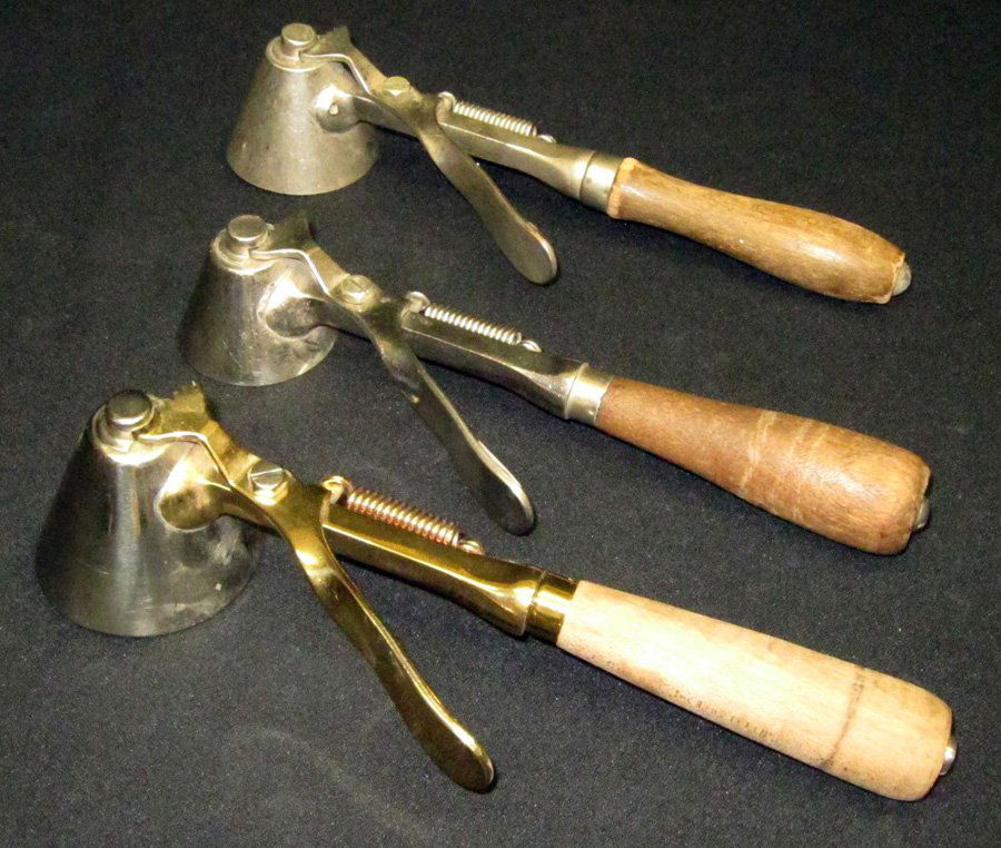 INDESCTRUCTO NO. 5 ICE CREAM SCOOPS (3): Conical, coil springs; wooden handles; (1) [10], polished, L-10"; (1) [16], L-10"; (1) [24], L-9 1/2"; G-VG