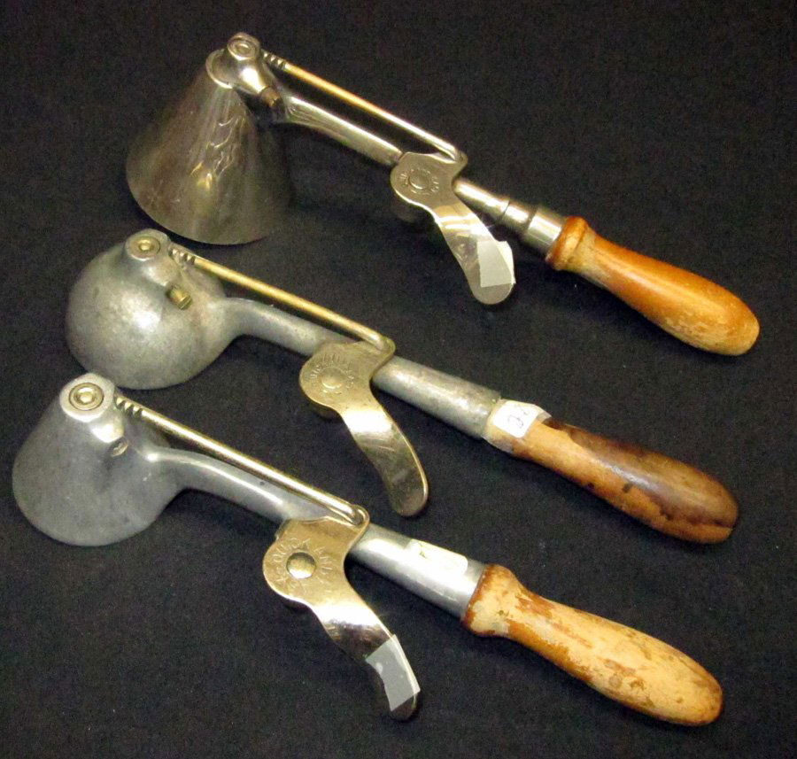 ERIE SPECIALTY CO. ICE CREAM SCOOPS (3): Quick and Easy, wood handles; (1)No. 27 [6], conical, C-10, L-11"; (1) [10], L-11"; (1) [16], conical, C-10, L-10 1/2"; original finish; G