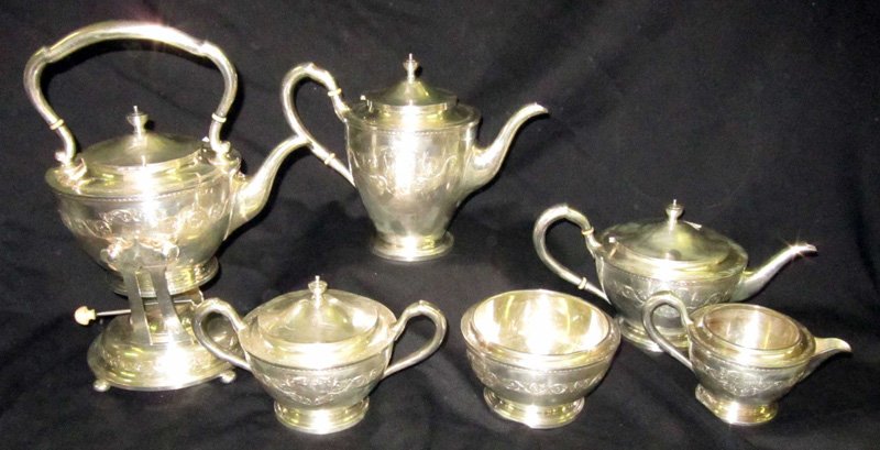 S. KIRK & SON STERLING "MAYFLOWER" PATTERN COFFEE & TEA: (6) pieces; urn finial, domed lids, ring bases, monogrammed; 133.77 TO. H-13" (kettle on stand), G-VG