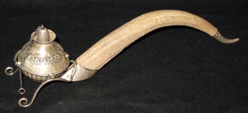 STERLING & ANTLER LIGHTER: Sterling gimbal-mounted ball lighter on antler trimmed with silver cloven hoof foot and tip. L-10", G