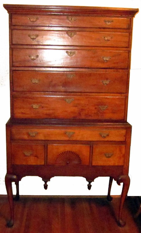 MAPLE QUEEN ANNE HIGHBOY: Assembled; Dutchman in side of top; replaced upper brass with plugged drawer faces; needs refinishing; H-69", L-38", F-G