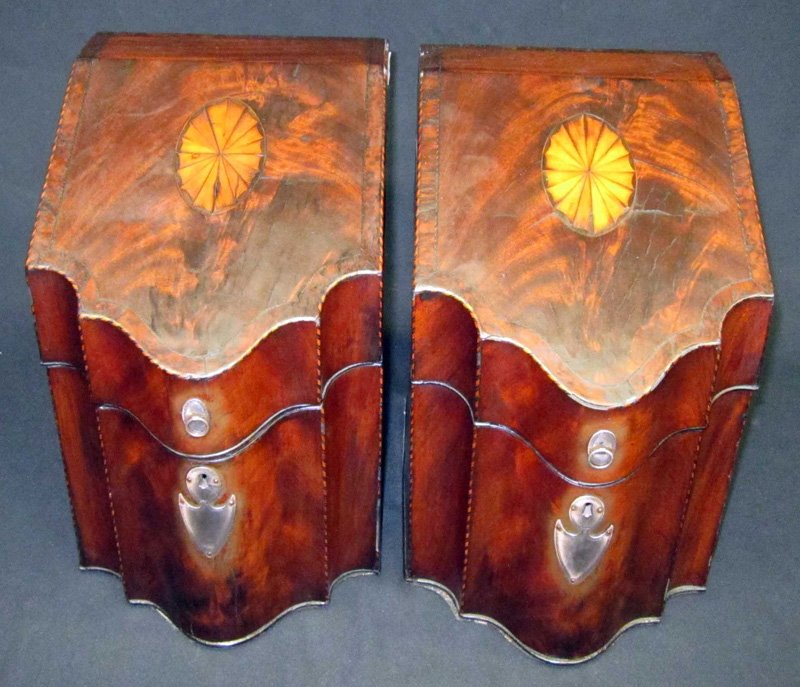 PAIR CUTLERY BOXES: Mahogany with oval fan and line inlay; silver shield form escutcheons; normal checking; minor inlay loss; H-14", G-VG