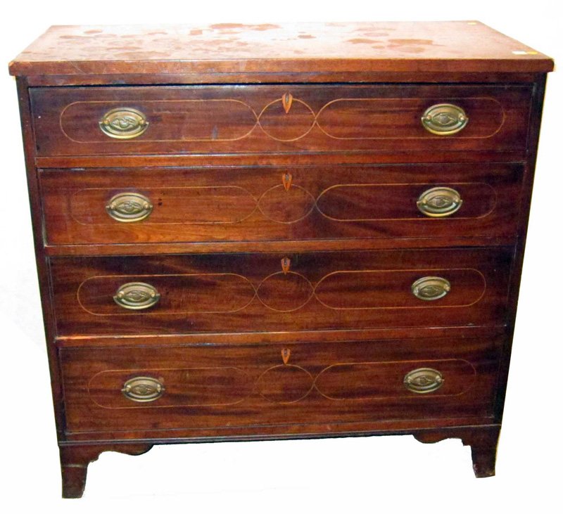 HEPPLEWHITE CHEST OF DRAWERS: Walnut, four drawers, line inlay, French bracket feet; replaced hardware; small Dutchman inside; needs some foot repair; H-37", L-38 1/2",