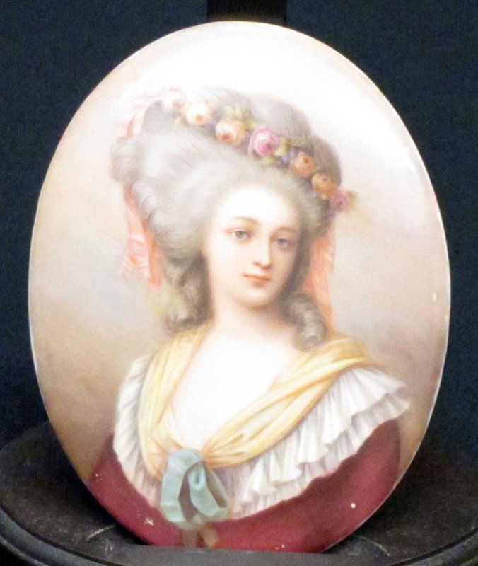 PORTRAIT PAINTING ON PORCELAIN: Young woman with roses in hair; unsigned; no frame; H-5", G-VG