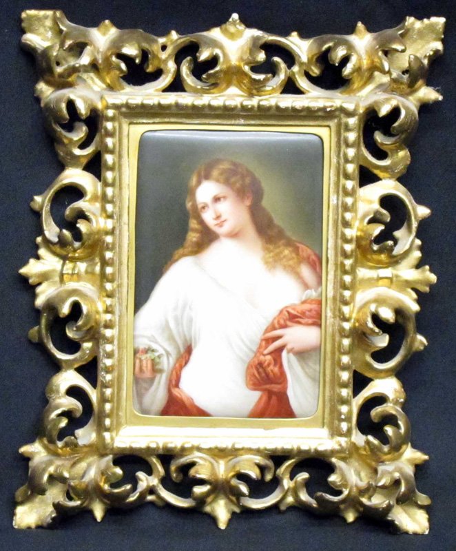 PAINTING ON PORCELAIN: Young woman with red robe holding flower; not signed; impressed crown shield mark on reverse; ornate gilt frame; 6" x 4", VG-EX