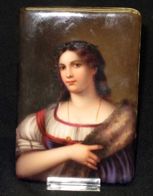 PAINTING ON PORCELAIN: Young woman with fur wrap; leaf ring in hair; no frame; 5" x 3 1/2", G-VG