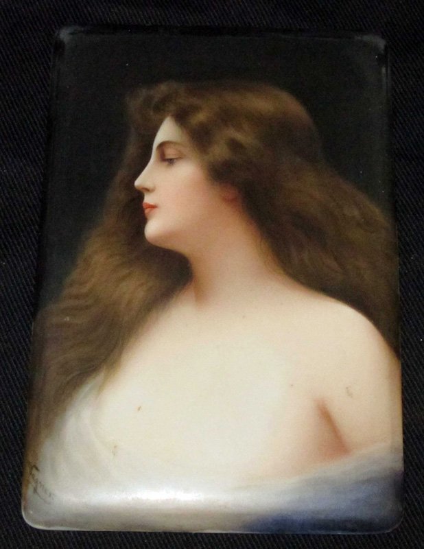 WAGNER PAINTING ON PORCELAIN: Portrait of young woman; signed; L. Ostermayr - Nurnberg paper label; incised monogram in circle on reverse; framed; 6" x 4", G-VG