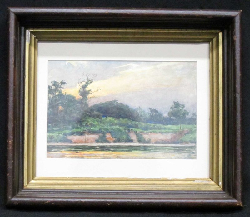 LOUIS FEUCHTER LANDSCAPE WATERCOLOR: Sunset with stream in foreground; signed lower right; framed; 5 1/2" x 8", G-VG