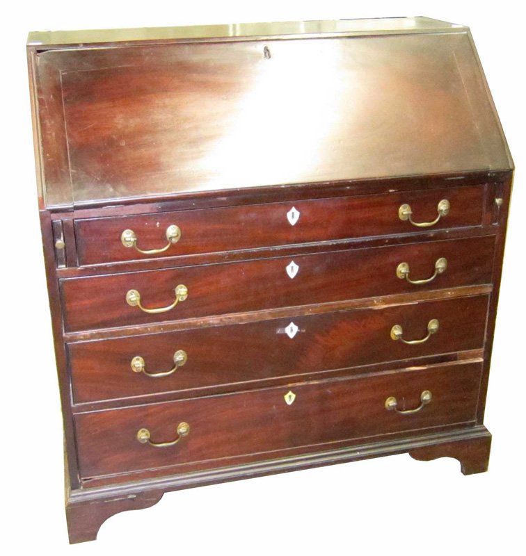 ENGLISH HEPPLEWHITE SLANT FRONT DESK: Mahogany, simple interior, four graduated drawers, bracket feet; drop has chipped corner and missing escutcheon, front foot cracked, repair to drawer bottom; needs refinishing; H-42", W-40", F-G