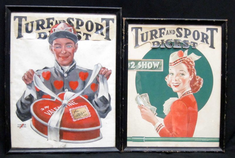 TURF & SPORT DIGEST COVER ILLUSTRATIONS (2): (1) Carter Perkins - Valentine - oil on artist board, applied paper title; lifting; (1) Henry Lauve - 2 Show - oil on artist board, applied paper title, lifting; framed; largest 18" x 14", F-G