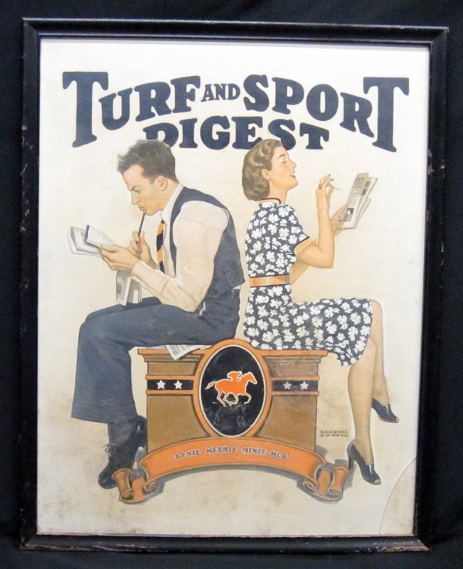 TURF & SPORT DIGEST ILLUSTRATION PAINTING: Randall Schaull, "Eenie Meenie Minie Moe", framed; needs cleaning; 27" x 21", G