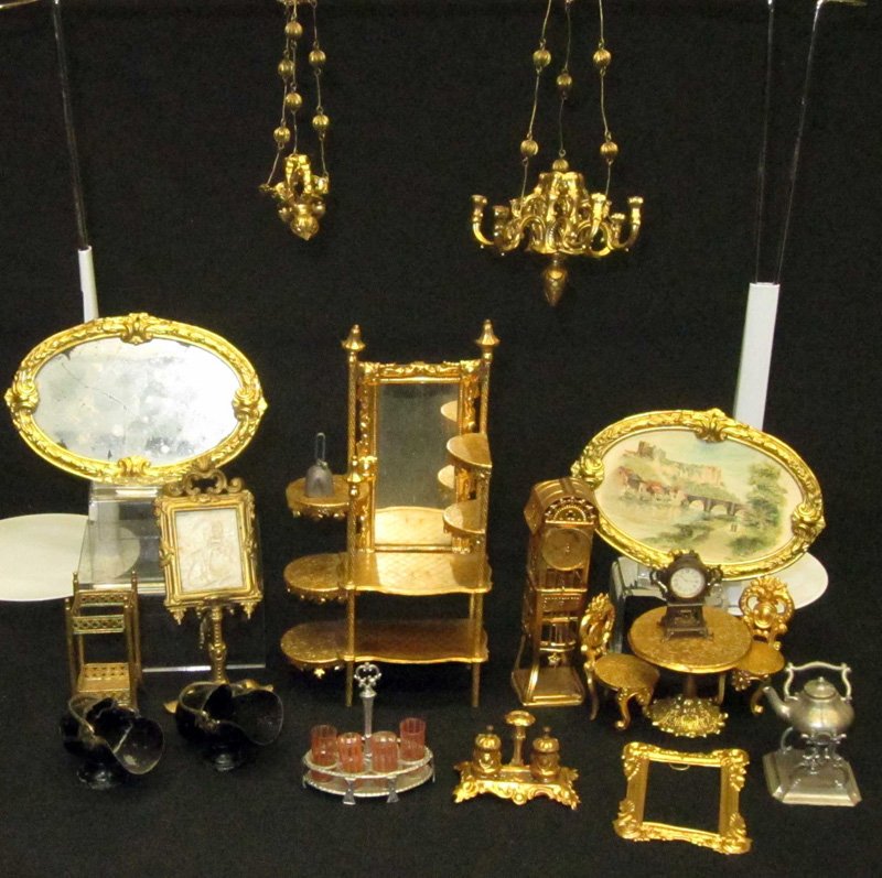 ORMOLU & FILIGREE DOLLHOUSE FURNITURE (18) PCS.: Minor bends, (2) glasses missing from holder; H-7",