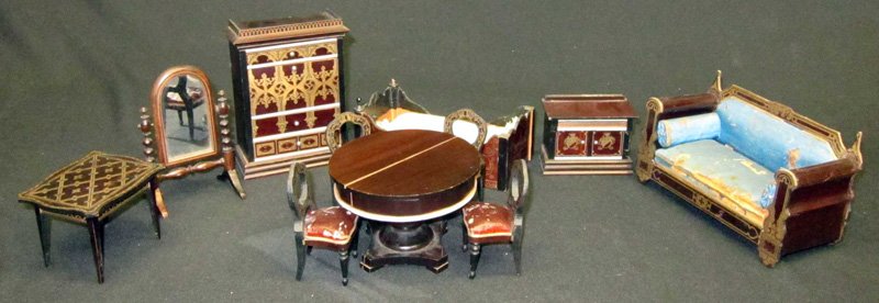 WOODEN DOLL HOUSE FURNITURE (15+) PCS.: Walterhausen, etc.; drum table extends, unphotographed furniture is in need of repair, includes parts and pieces; photographed furniture upholstery has holes, bed finials missing, overall wear; longes