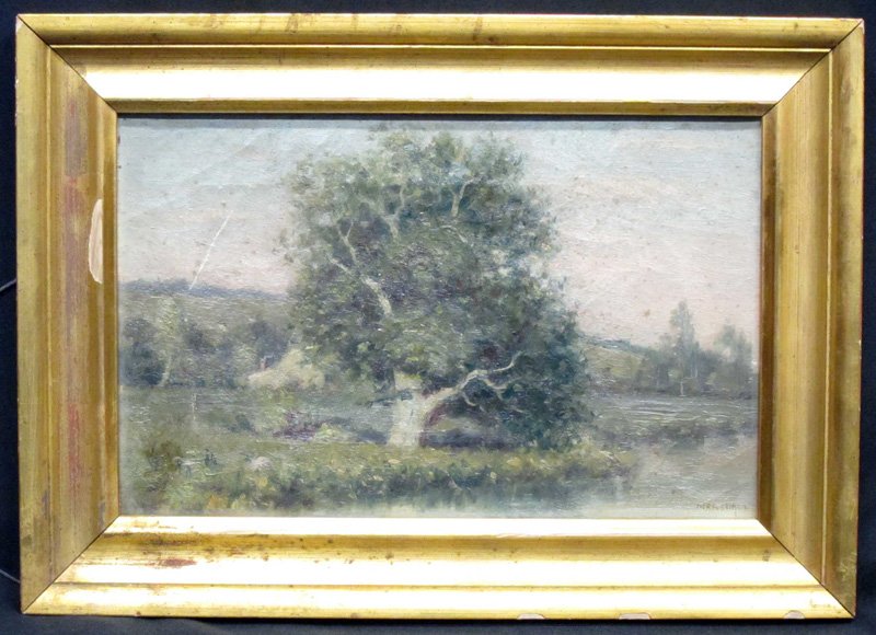MARSHALL LANDSCAPE PAINTING: Oil on canvas, tree in center with farm house behind; gilt frame; needs cleaning; (1)3" scratch / punctures, 9" x 13 1/2", F