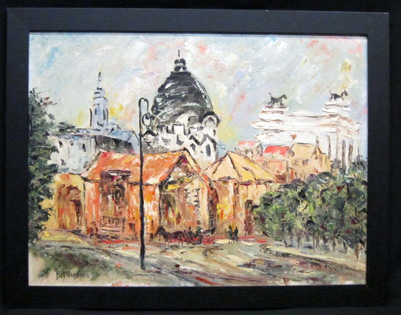 B. DAWSON IMPRESSIONISTIC TOWN SCENE PAINTING: Oil on artist board, signed lower left; framed; 18" x 24", G