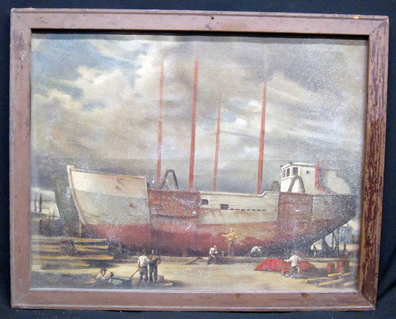 SHIP WORKS PAINTING: Oil on canvas; light blue speck overspray; some flaking; no stretcher; tacked to frame; 21" x 27", F