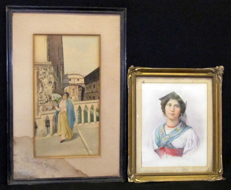 ITALIAN WATERCOLORS (2): Framed; (1) young woman torso, signed F. Cozzolino - Roma, 10" x 8"; (1) young woman with fan, signed Marusso (?), Venezia, water stains lower left, 14" x 7 1/2", F-G