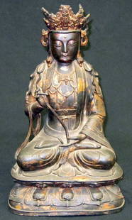 EASTERN BRONZE FIGURE: Hollow cast; original patina; gilt worn; antique; damage and holes to lower rear base; H-17", G