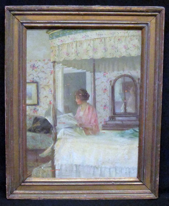 WILLIAM GILCHRIST INTERIOR PAINTING: Oil on butcher block type wooden panel; young woman sitting on bed, reading; signed on reverse: William Wallace Gilchrist Jr.; framed; some separation and flaking on glue joints; 14" x 10", F-G