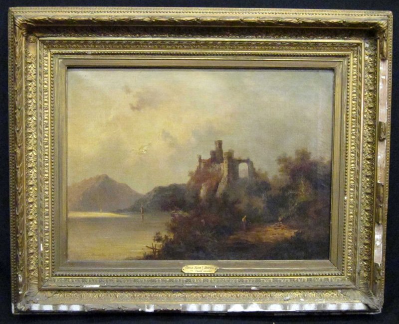 FRANZ KRAUSE CASTLE LANDSCAPE PAINTING: Oil on canvas; unsigned; plaque reads: "Castle Ruins in Bohemia" "Franz Krause"; frame damaged; small hole in middle left sky; 17" x 23", F