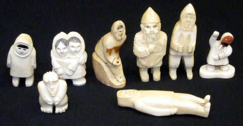 ESKIMO IVORY / BONE FIGURES (8): (1) signed Mike Pullock, (1) Joanasie Koonttliusit label, (1) missing spear; tallest 4", G-VG