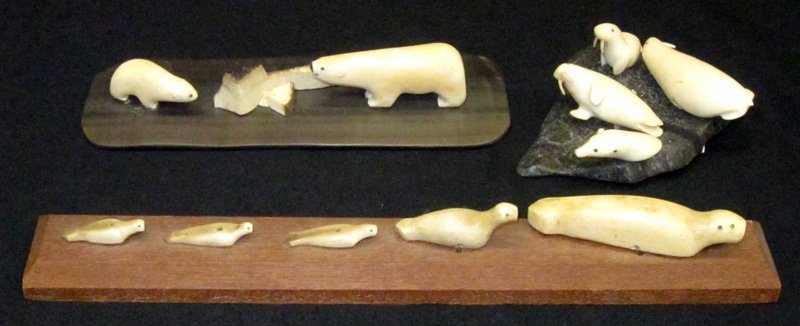 ESKIMO IVORY SEAL and BEAR CARVINGS (3): Bear carving mounted on Baleen, longest L-14", G-VG