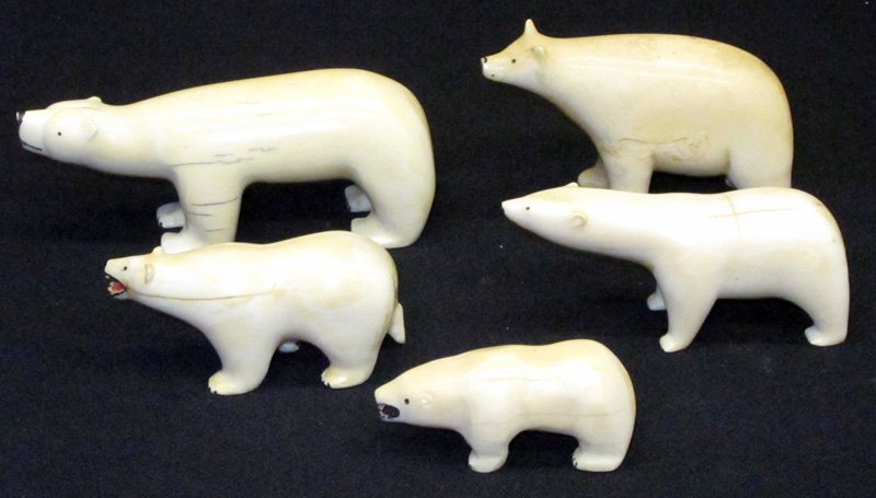 ESKIMO IVORY POLAR BEAR CARVINGS (5): (1) signed Edgar Jyapara, longest L-5", G-VG