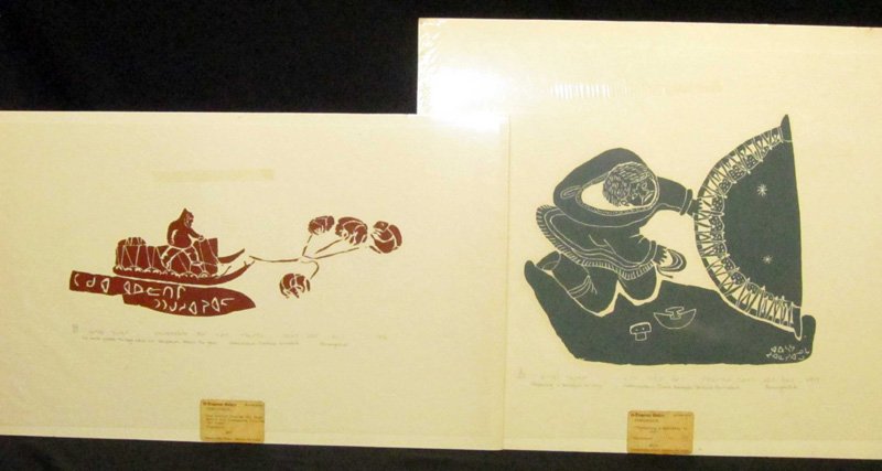 INUIT STONECUTS & PRINTS (30): Large lot, (7) photographed; (3) Juanisialuk, (2) Echaluk, (5) Tivi Etook, (2) Peter Morgan, (2) Josie Paperk, (2) Daniel Inukpuk, (4) Davidialuk and others by Porungnituk, Peters, Kakegamic, Hunt, et