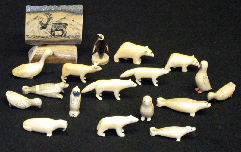ESKIMO ANIMAL CARVINGS (17): Bone and ivory; L-1"-2", G-VG