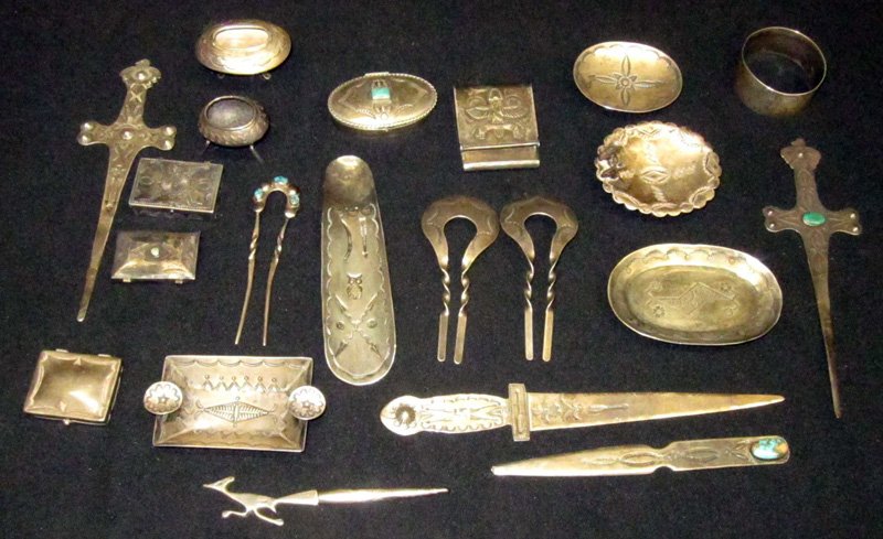 SOUTHWEST SILVER ITEMS (21 +/-): Nickel silver, silver, etc.; pill boxes, letter openers, ashtrays, hair combs, etc.; longest L-7 1/2", G