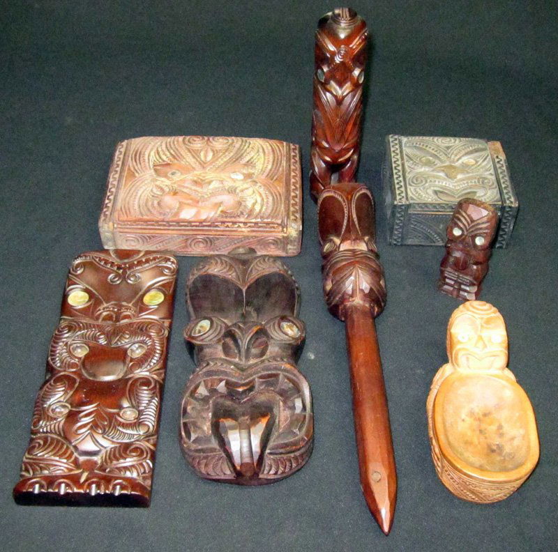 NORTHWEST, ETC. CARVINGS (8): All with abalone inset eyes; H-3 1/2" - 12", F-G