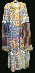 ORIENTAL ROBE: Silk, gold thread, etc.; woven with numerous dragons; some flowers, etc. are printed; some tears; H-54"+/-, F-G