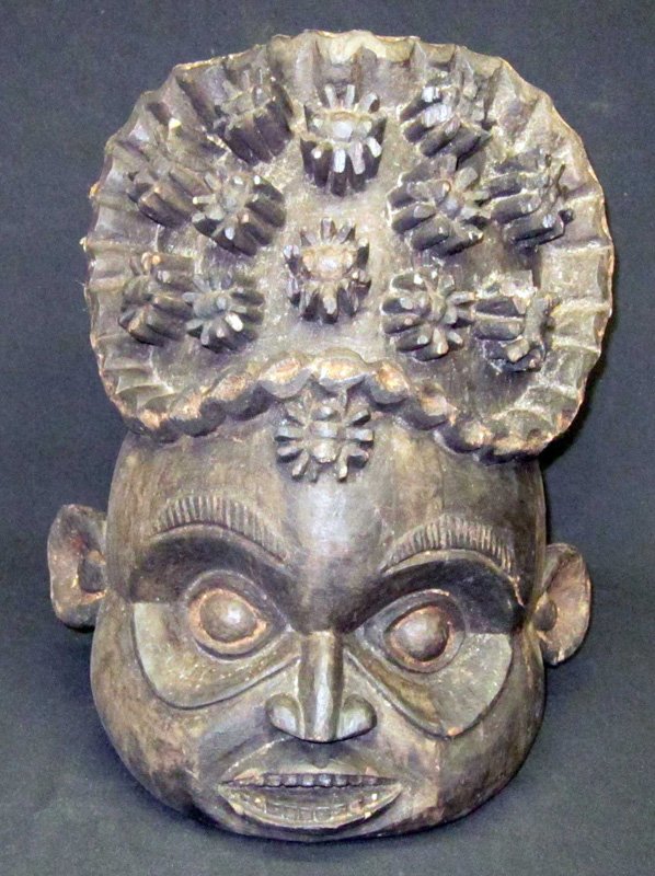 AFRICAN HELMET MASK BAMILEKE TRIBE CAMEROONS: Carved wood; scuffs and minor chips; H-19", F-G
