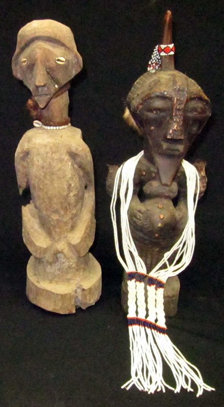 AFRICAN FIGURES (2) SONGYE TRIBE D.R.C.: Carved wood; darker one has some splits; lighter one has bug damage; H-21", P-F