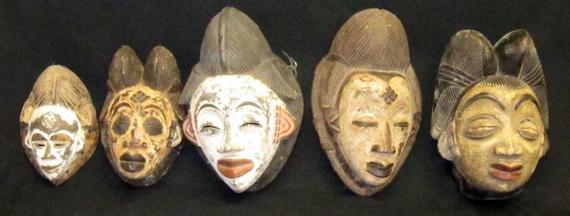 AFRICAN MASKS (5) PUNA TRIBE GABON: Carved and painted wood; minor scuffs; splits and chips; F-G