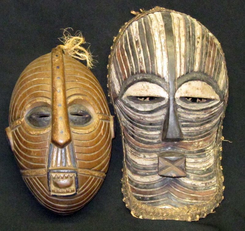 AFRICAN MASKS (2) SONGYE TRIBE D.R.C.: Painted carved wood; average wear; some scuffs; tallest H-15", G-VG